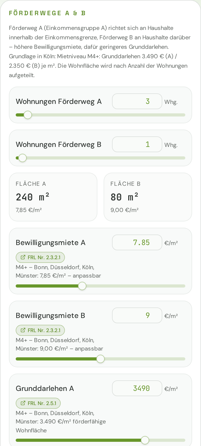 Eingabebereiche des Förderrechners Wohnraum: Objekt, Grundstück, Baukosten und Finanzierung (Beispielwerte)